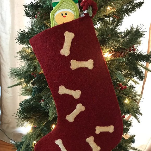Handmade felted wool Christmas stocking with bone applique and elf toy - Picture 1 of 5